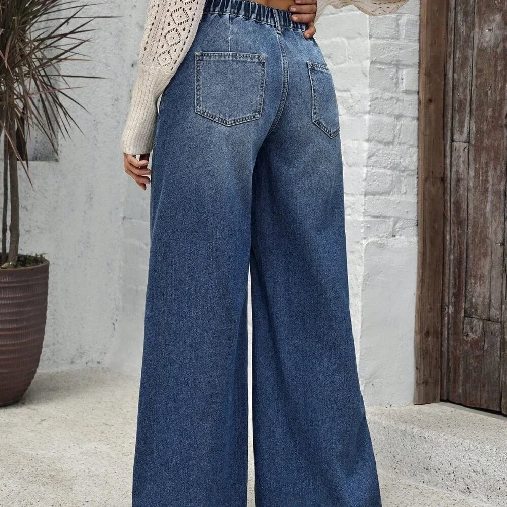 Blue Casual Women's Pockets Versatile Loose Wide Leg Jeans